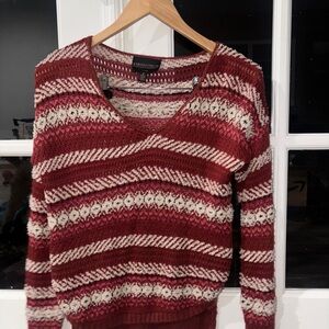 Amour Vert Burgundy and Cream V-Neck Sweater